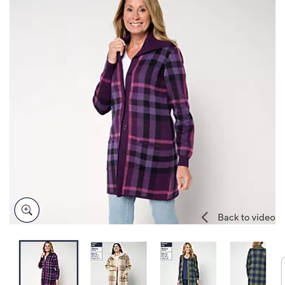 New Denim & Company Plaid Purple Cardigan Sweater Large Petite